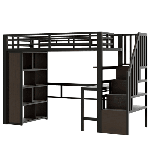 Cama alta 90x200 cm - Estrutura de ferro com secretária, prateleira, LED e escada com arrumação - Preto