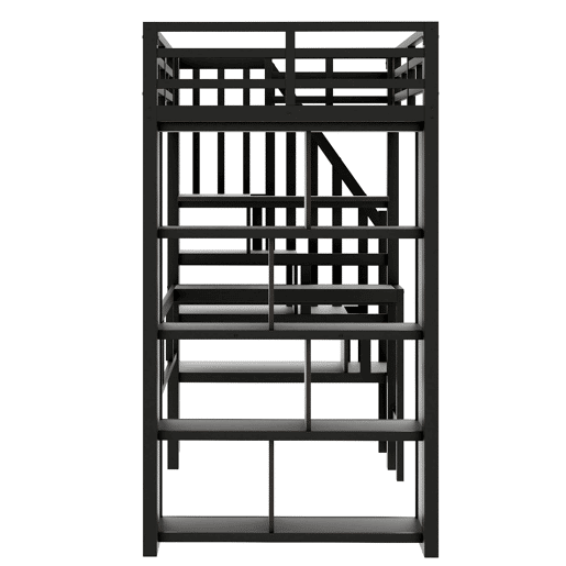 Cama alta 90x200 cm - Estrutura de ferro com secretária, prateleira, LED e escada com arrumação - Preto