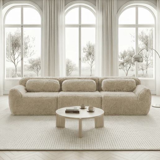 Sofá profundo de 3 lugares - modular, sem montagem, almofadas, suporte ergonómico - Cáqui claro