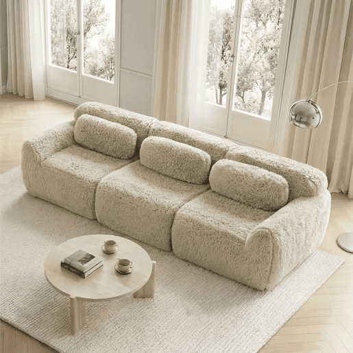 Sofá profundo de 3 lugares - modular, sem montagem, almofadas, suporte ergonómico - Cáqui claro
