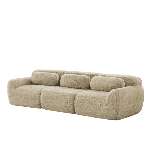 Sofá profundo de 3 lugares - modular, sem montagem, almofadas, suporte ergonómico - Cáqui claro