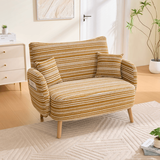 Sofá de 2 lugares - moderno, confortável, com braços e bolso de arrumação - amarelo mostarda