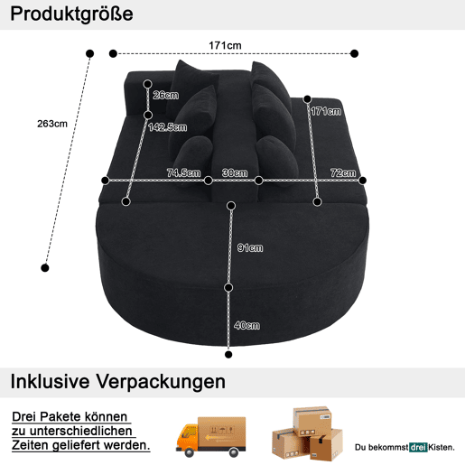 Sofá modular de 5 lugares - moderno, chenille confortável, sem montagem - preto