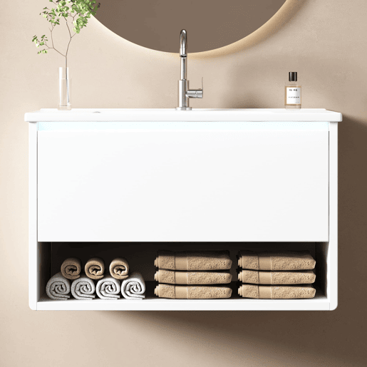 Móvel de casa de banho 76x46x45 cm - Suspensório, gaveta, prateleira aberta, sensor LED - Branco
