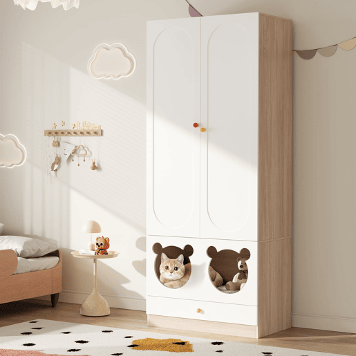 Armário infantil 80x50x200 cm - com barra para pendurar e cama para gato, puxadores em cerâmica - Natural+Branco