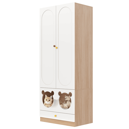 Armário infantil 80x50x200 cm - com barra para pendurar e cama para gato, puxadores em cerâmica - Natural+Branco
