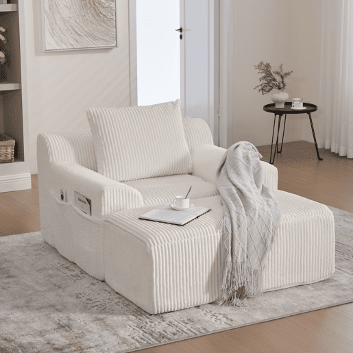 Poltrona relax grande - estofada em veludo, com apoio para os pés e bolsos laterais - bege