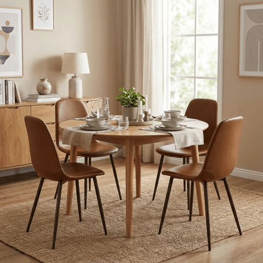 Conjunto 4 Cadeiras Jantar Estofadas PU Castanho Estilo Moderno Encosto Ergonómico Assento Acolchoado Pernas Metálicas Resistentes Fácil Limpeza Para Sala Jantar Cozinha