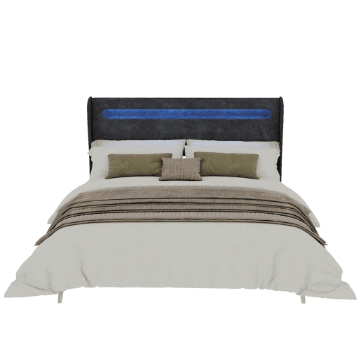 Cama estofada 160x200 - Minimalista com cabeceira LED e base baixa sem arrumação - Cinza