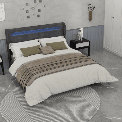 Cama estofada 160x200 - Minimalista com cabeceira LED e base baixa sem arrumação - Cinza