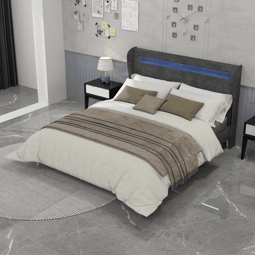 Cama estofada 160x200 - Minimalista com cabeceira LED e base baixa sem arrumação - Cinza