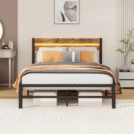 Cama metálica 120x200 - Cabeceira com arrumação, LED, USB, estrutura resistente, sem boxspring - Castanho antigo