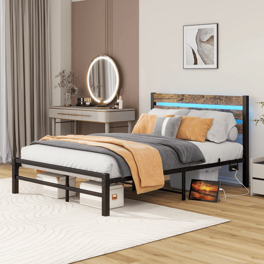 Cama metálica 120x200 - Cabeceira com arrumação, LED, USB, estrutura resistente, sem boxspring - Castanho antigo