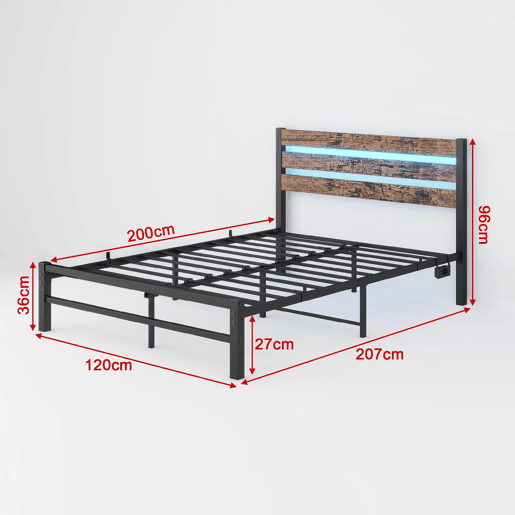 Cama metálica 120x200 - Cabeceira com arrumação, LED, USB, estrutura resistente, sem boxspring - Castanho antigo