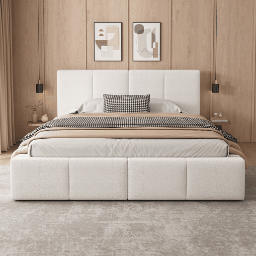 Cama de casal estofada 180x200 - com cabeceira acolchoada e estrado - bege bouclé