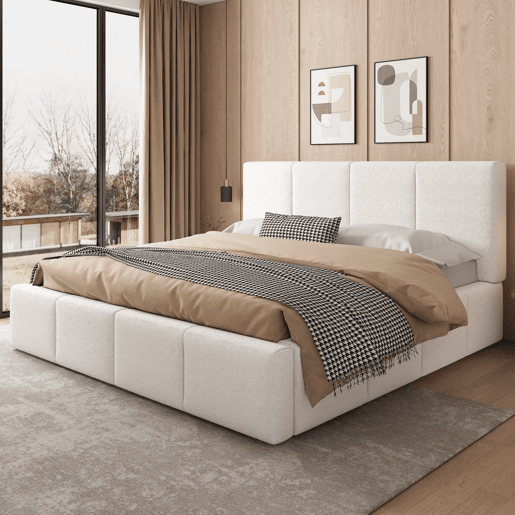 Cama de casal estofada 180x200 - com cabeceira acolchoada e estrado - bege bouclé