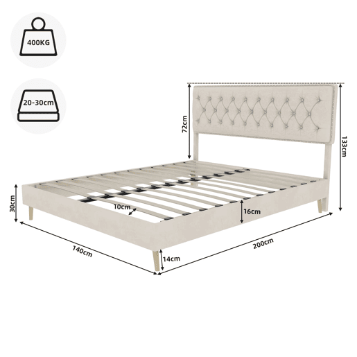 Cama moderna 140x200 - cabeceira macia e confortável, sem barra elevadora - bege