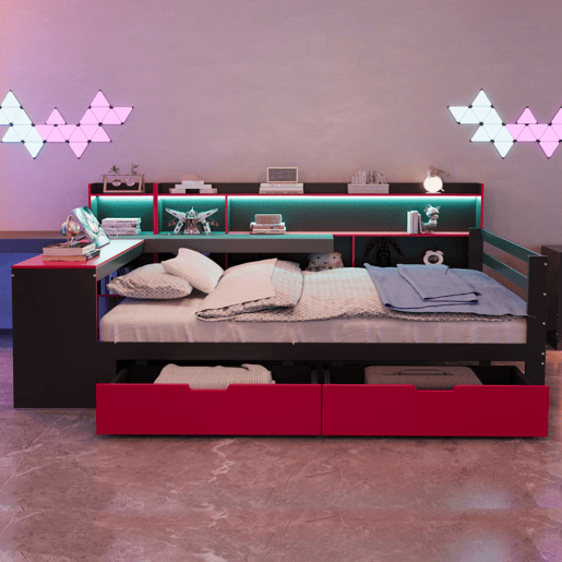 Sofá-cama em madeira 140x200 cm - Secretária, estantes, iluminação e tomadas - Preto+Vermelho