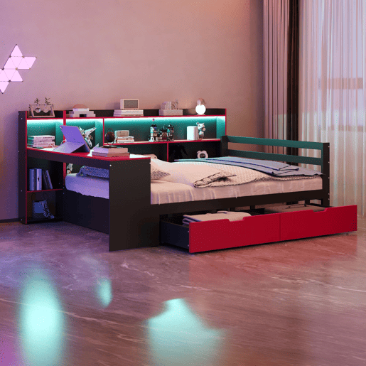 Sofá-cama em madeira 140x200 cm - Secretária, estantes, iluminação e tomadas - Preto+Vermelho