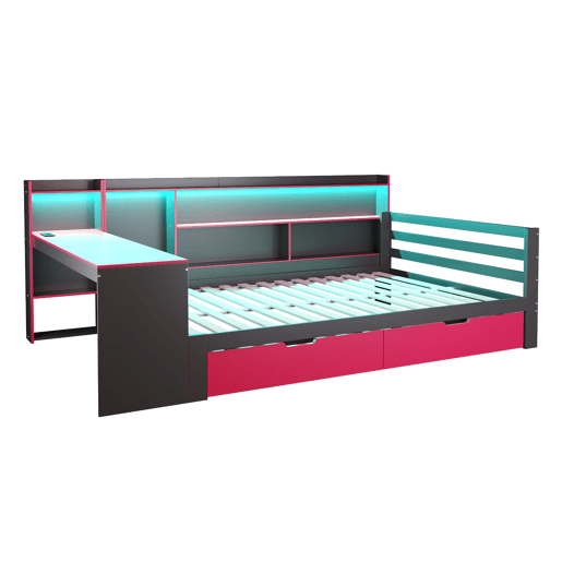 Sofá-cama em madeira 140x200 cm - Secretária, estantes, iluminação e tomadas - Preto+Vermelho