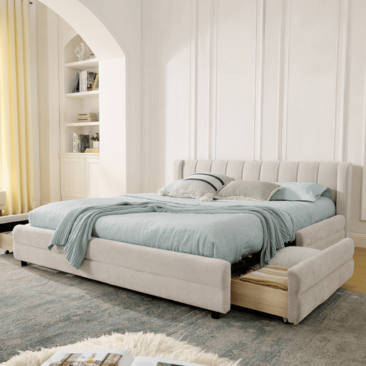 Cama de casal 140x200 cm - arrumação lateral, porta USB, chenille ergonómica - Bege