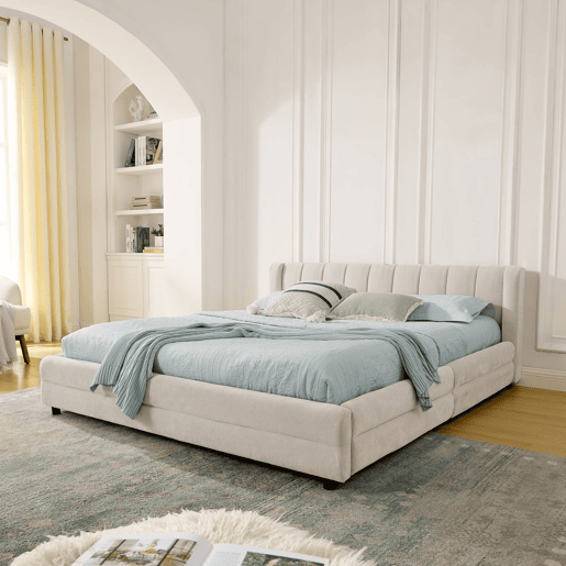 Cama de casal 140x200 cm - arrumação lateral, porta USB, chenille ergonómica - Bege