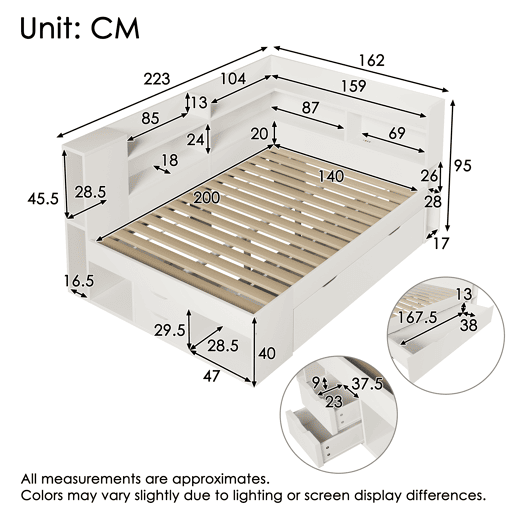 Cama funcional 140x200 cm - LED, USBTipo-C, arrumação e prateleiras - Branco