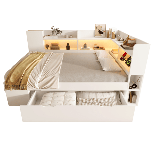 Cama funcional 140x200 cm - LED, USBTipo-C, arrumação e prateleiras - Branco