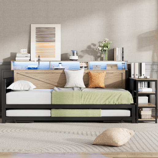 Sofá-cama metálico 90x200 cm - Cama extensível ajustável, armário, 3 gavetas, prateleiras, LED e USB - Preto