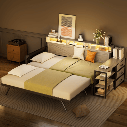 Sofá-cama metálico 90x200 cm - Cama extensível ajustável, armário, 3 gavetas, prateleiras, LED e USB - Preto