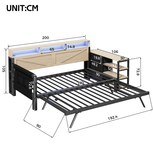 Sofá-cama metálico 90x200 cm - Cama extensível ajustável, armário, 3 gavetas, prateleiras, LED e USB - Preto