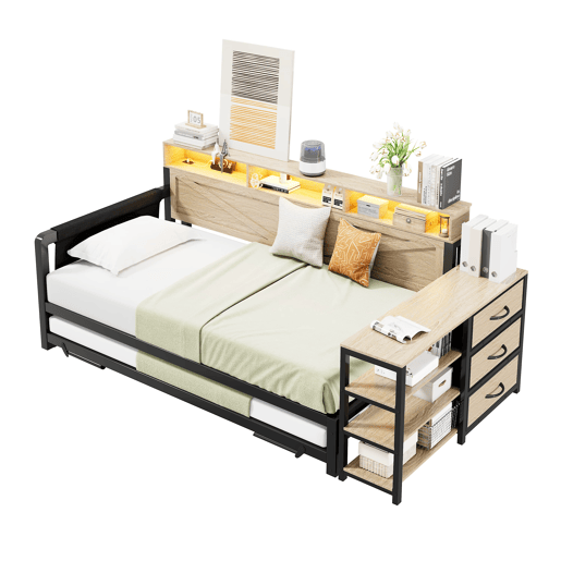 Sofá-cama metálico 90x200 cm - Cama extensível ajustável, armário, 3 gavetas, prateleiras, LED e USB - Preto