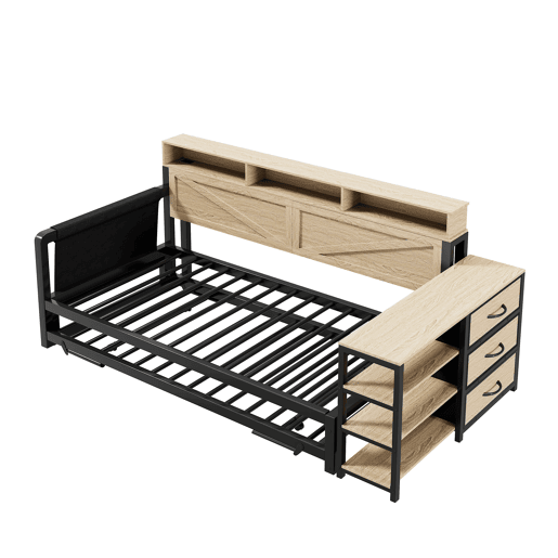 Sofá-cama metálico 90x200 cm - Cama extensível ajustável, armário, 3 gavetas, prateleiras, LED e USB - Preto