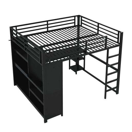 Cama alta para jogos 160x200 - LED, secretária, armário aberto e prateleiras - Preto