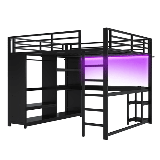 Cama alta para jogos 160x200 - LED, secretária, armário aberto e prateleiras - Preto