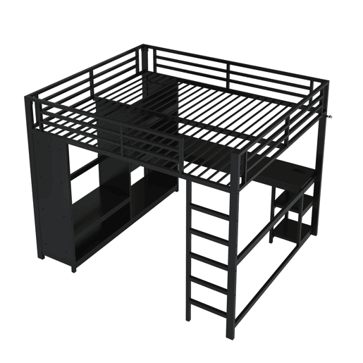 Cama alta para jogos 160x200 - LED, secretária, armário aberto e prateleiras - Preto