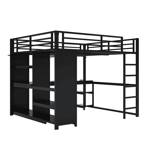 Cama alta para jogos 160x200 - LED, secretária, armário aberto e prateleiras - Preto