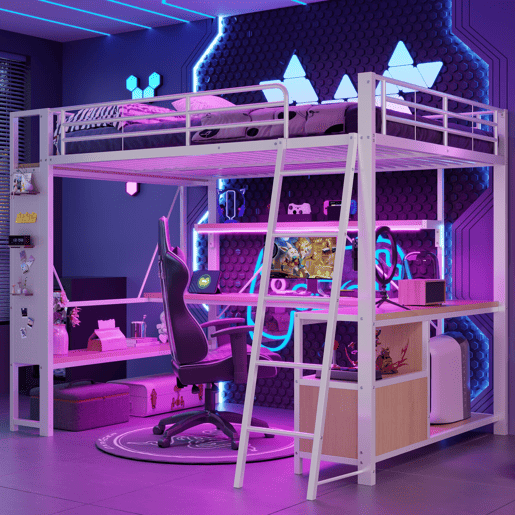 Cama alta 140x200 - estrutura metálica, LED, secretária, prateleiras, arrumação, USB - Branco