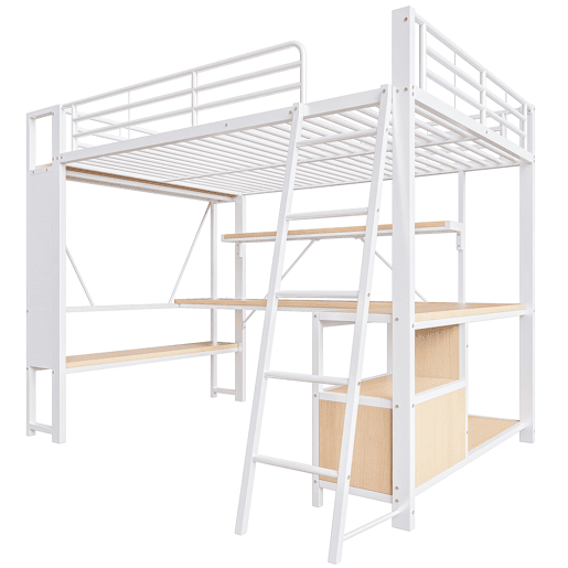 Cama alta 140x200 - estrutura metálica, LED, secretária, prateleiras, arrumação, USB - Branco