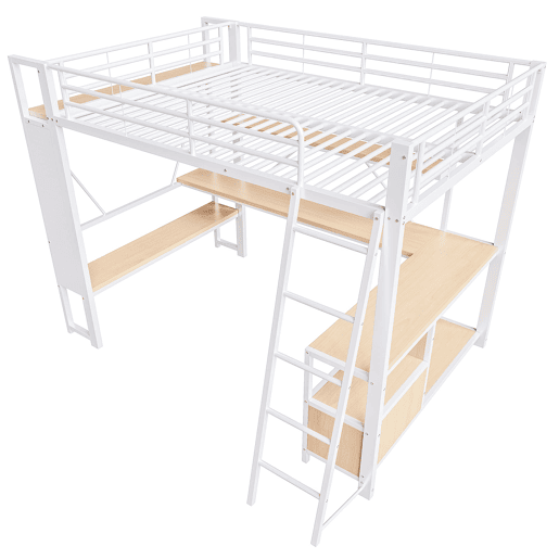 Cama alta 140x200 - estrutura metálica, LED, secretária, prateleiras, arrumação, USB - Branco