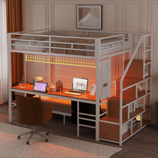 Cama alta metálica 140x200+90x200 - Multifuncional com secretária, LED, tomadas e arrumação - Branco