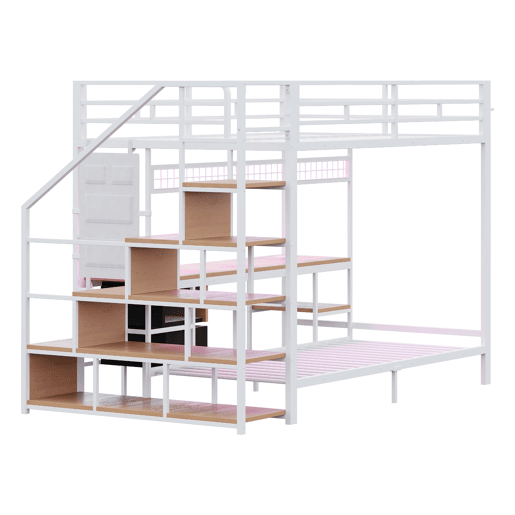 Cama alta metálica 140x200+90x200 - Multifuncional com secretária, LED, tomadas e arrumação - Branco