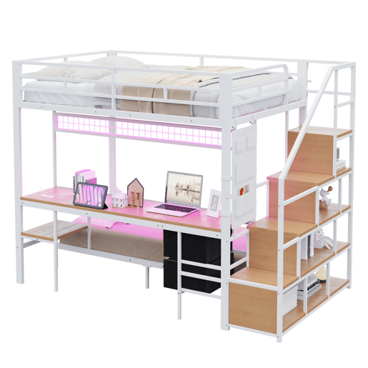 Cama alta metálica 140x200+90x200 - Multifuncional com secretária, LED, tomadas e arrumação - Branco