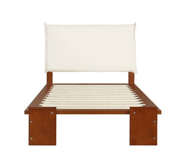 Cama individual 90x200 cm - respaldo acolchado, listones robustos, patas anchas - marrón oscuro