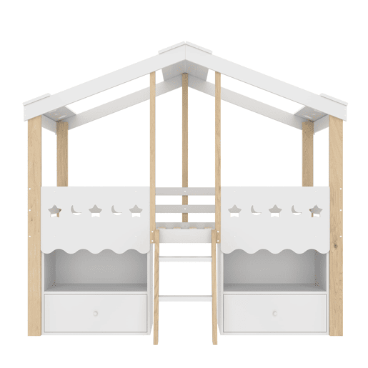 Cama semi-alta 90x200 cm - Casa, 2 gavetas, luz LED, sem colchão - Branco + Natural