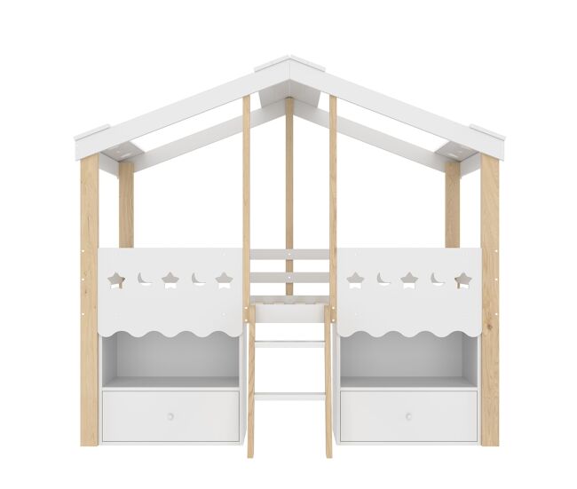Cama semi alta 90x200 cm - casa, 2 cajones, luz led, sin colchón - blanco + natural