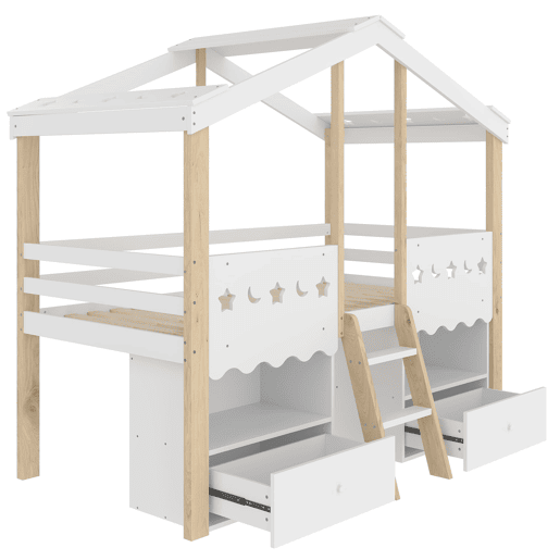Cama semi-alta 90x200 cm - Casa, 2 gavetas, luz LED, sem colchão - Branco + Natural