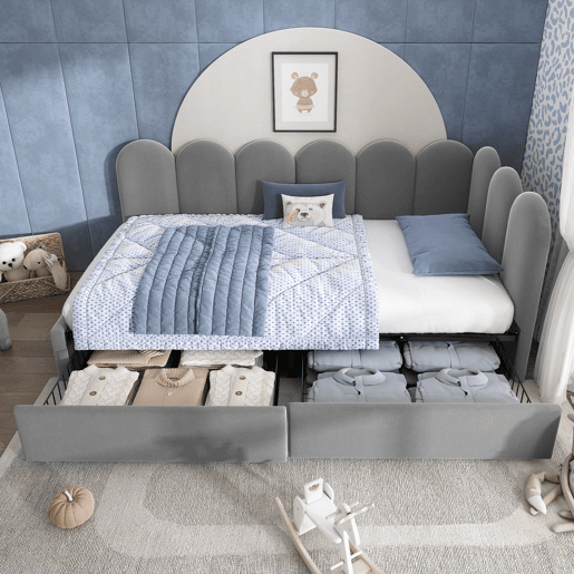 Cama individual 90x200 - com gavetas, estofada, sofá-cama, juvenil e adulto - Cinza