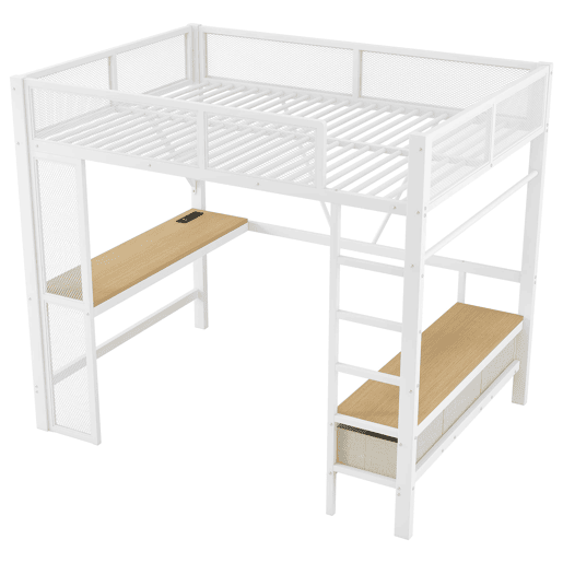 Cama alta infantil 140x200 - Metal, LED, USB, secretária, armário aberto, 3 gavetas - Branco