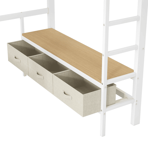 Cama alta infantil 140x200 - Metal, LED, USB, secretária, armário aberto, 3 gavetas - Branco